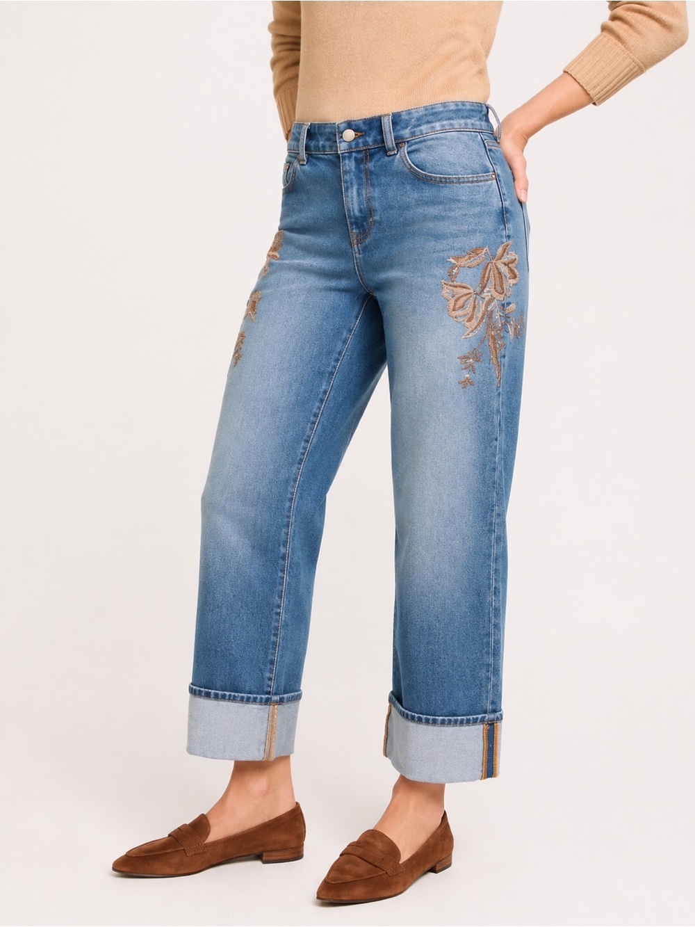 Talbots Embroidered Floral Straight Ankle Cuff Jeans Size 2P Medium Wash